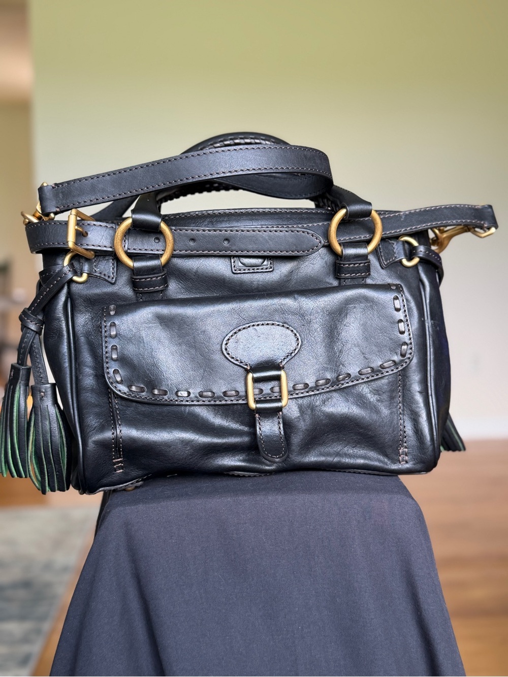 Dooney & Bourke Black Leather Shoulder Satchel with Gold Hardware